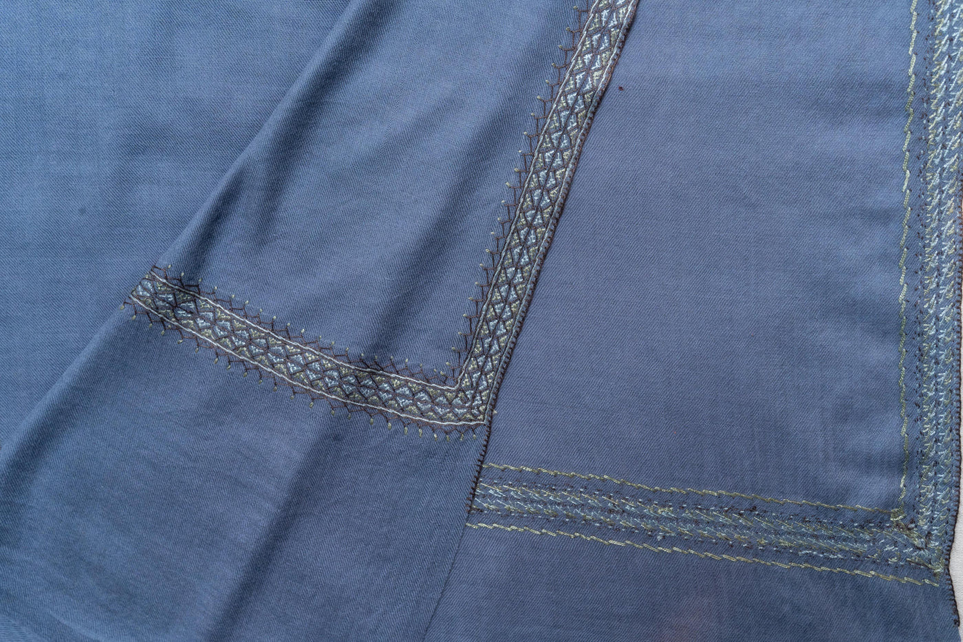 Steel Blue Grace - Hand-Embroidered Sozni Merino Wool Shawl