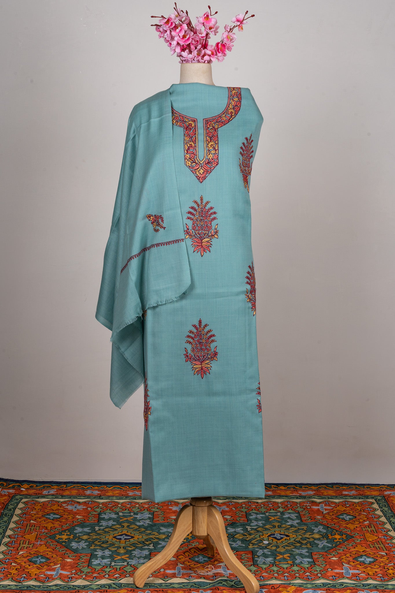 Aqua Serenity Sozni Hand Embroidered Suit
