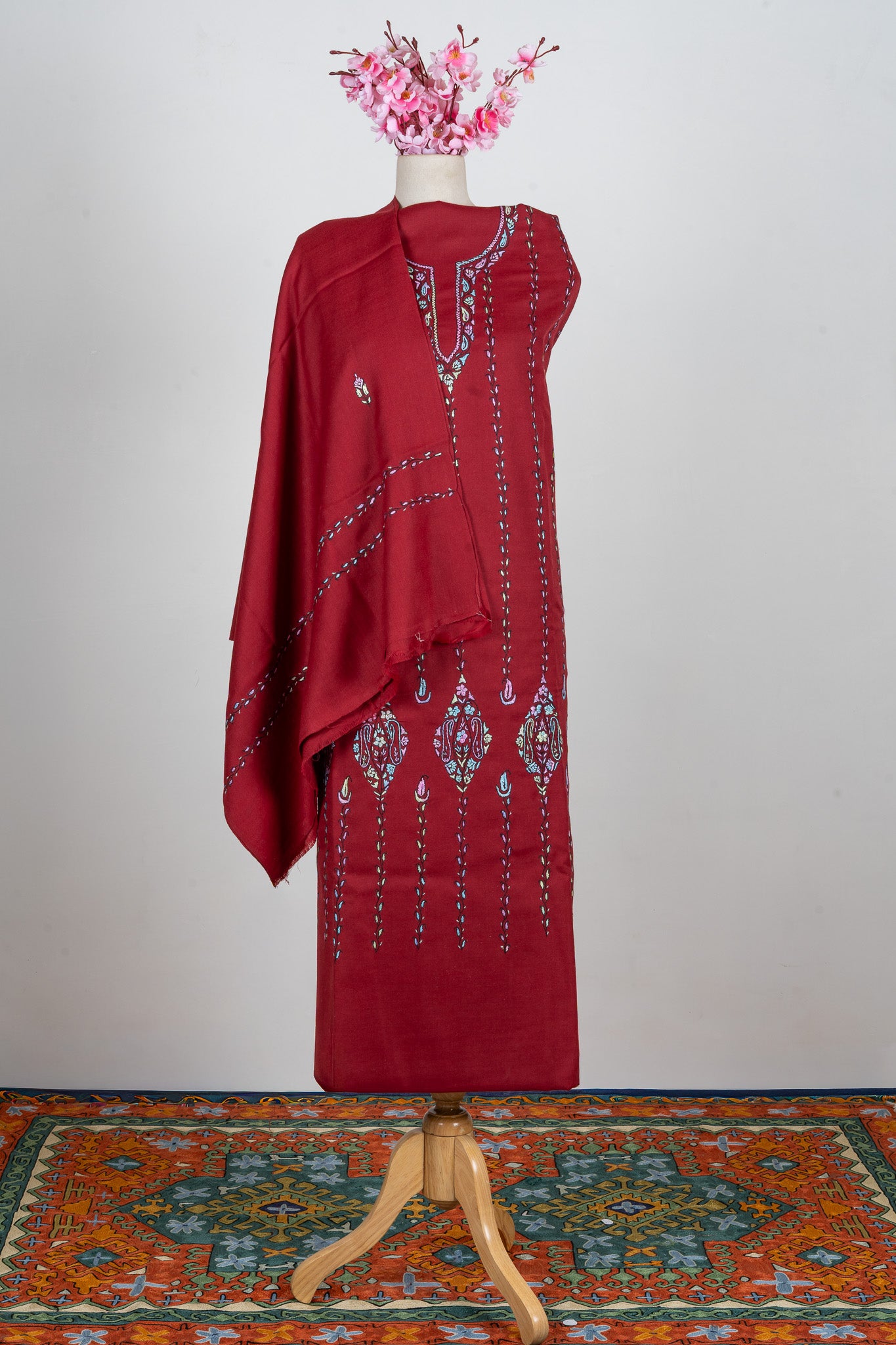 Crimson Bloom Sozni Hand Embroidered Suit