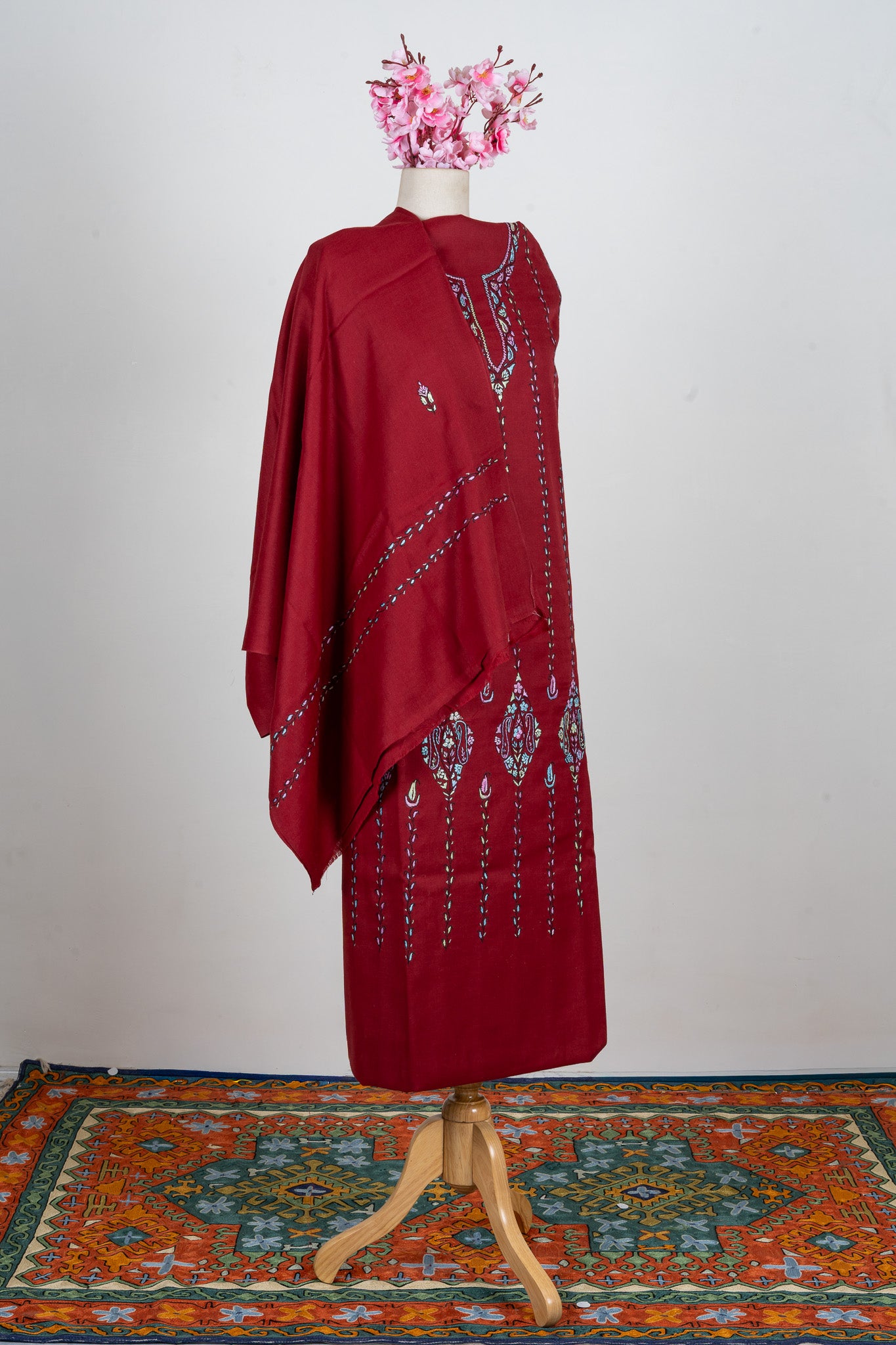 Crimson Bloom Sozni Hand Embroidered Suit