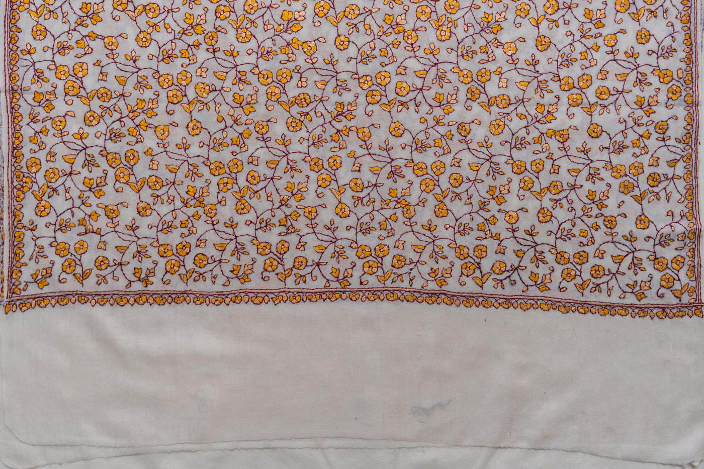 Golden Blossom Merino Wool Shawl with All-Over Sozni Embroidery