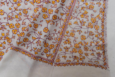 Golden Blossom Merino Wool Shawl with All-Over Sozni Embroidery