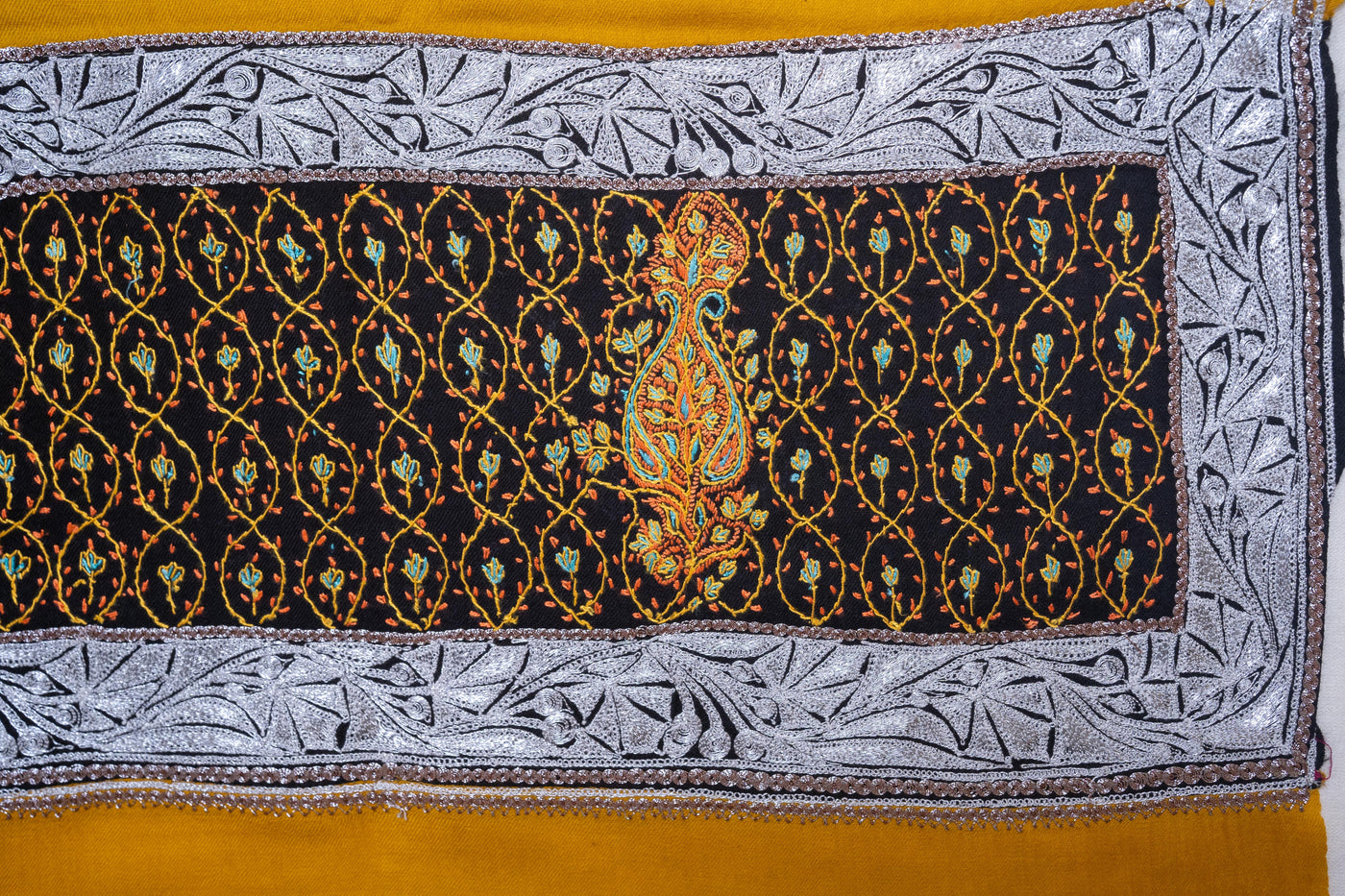 Golden Opulence Merino Wool Shawl with Intricate Hand-Embroidered Borders