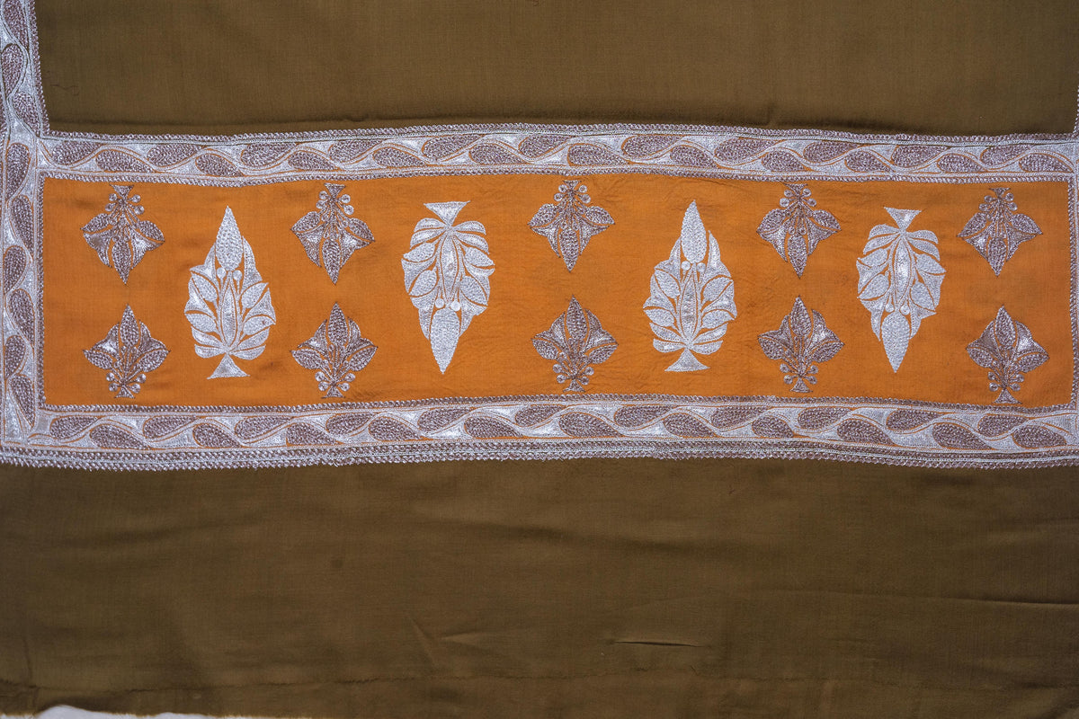 Olive Symphony Merino Wool Shawl with Tilla Embroidery
