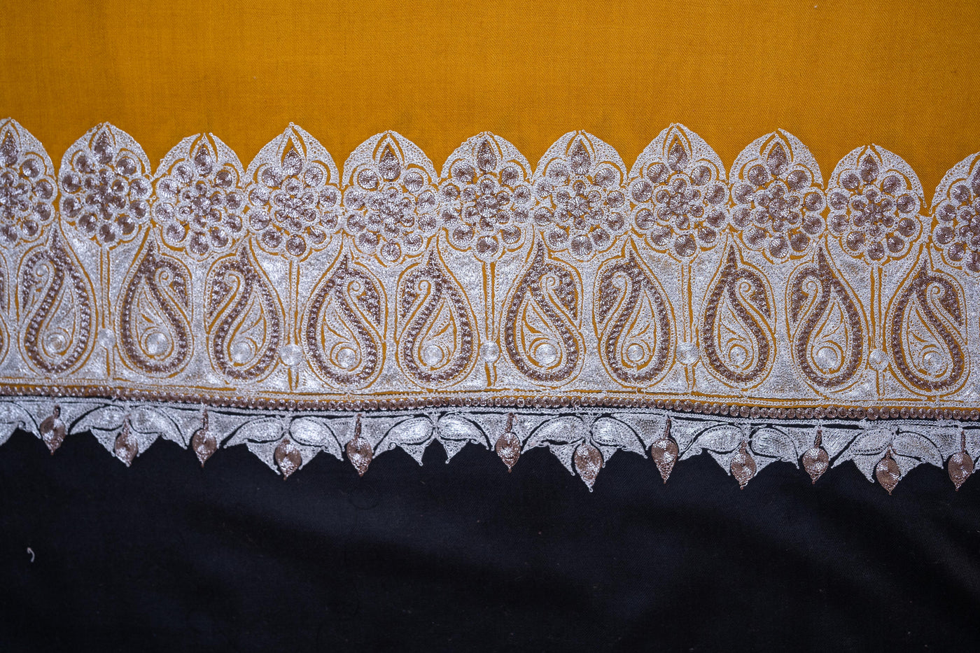 Golden Radiance Merino Wool Shawl with Ornamental Tilla Borders