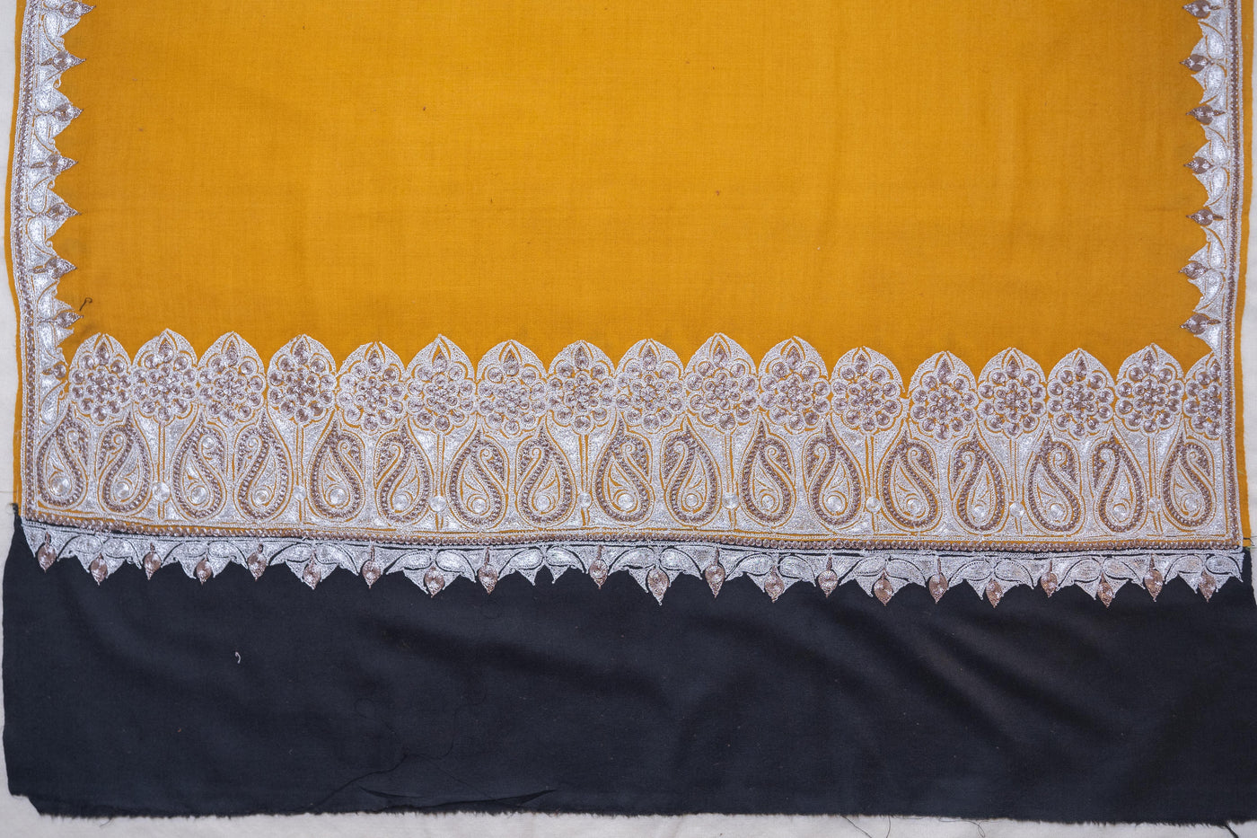 Golden Radiance Merino Wool Shawl with Ornamental Tilla Borders