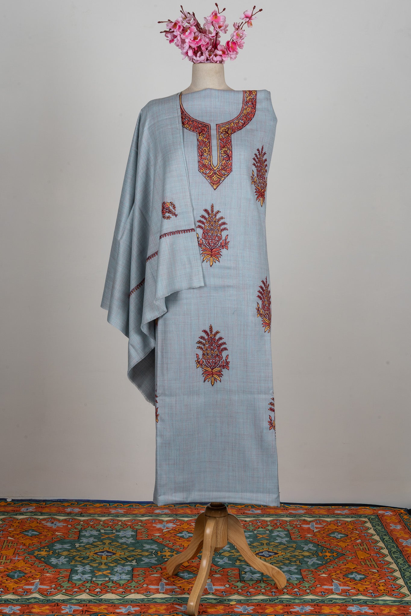 Frosted Sky Sozni Hand Embroidered Suit