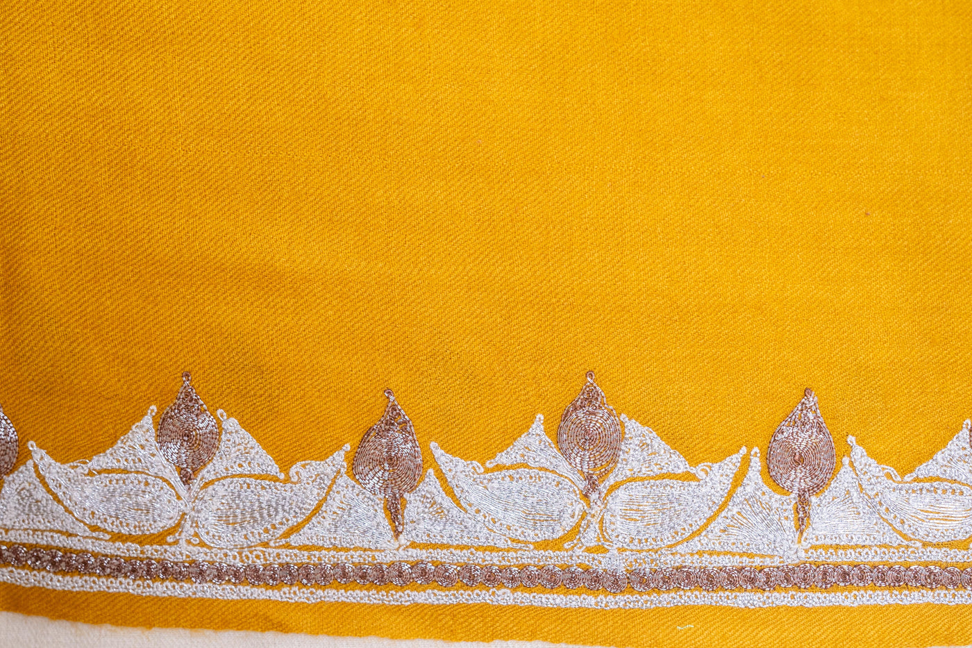 Golden Radiance Merino Wool Shawl with Ornamental Tilla Borders