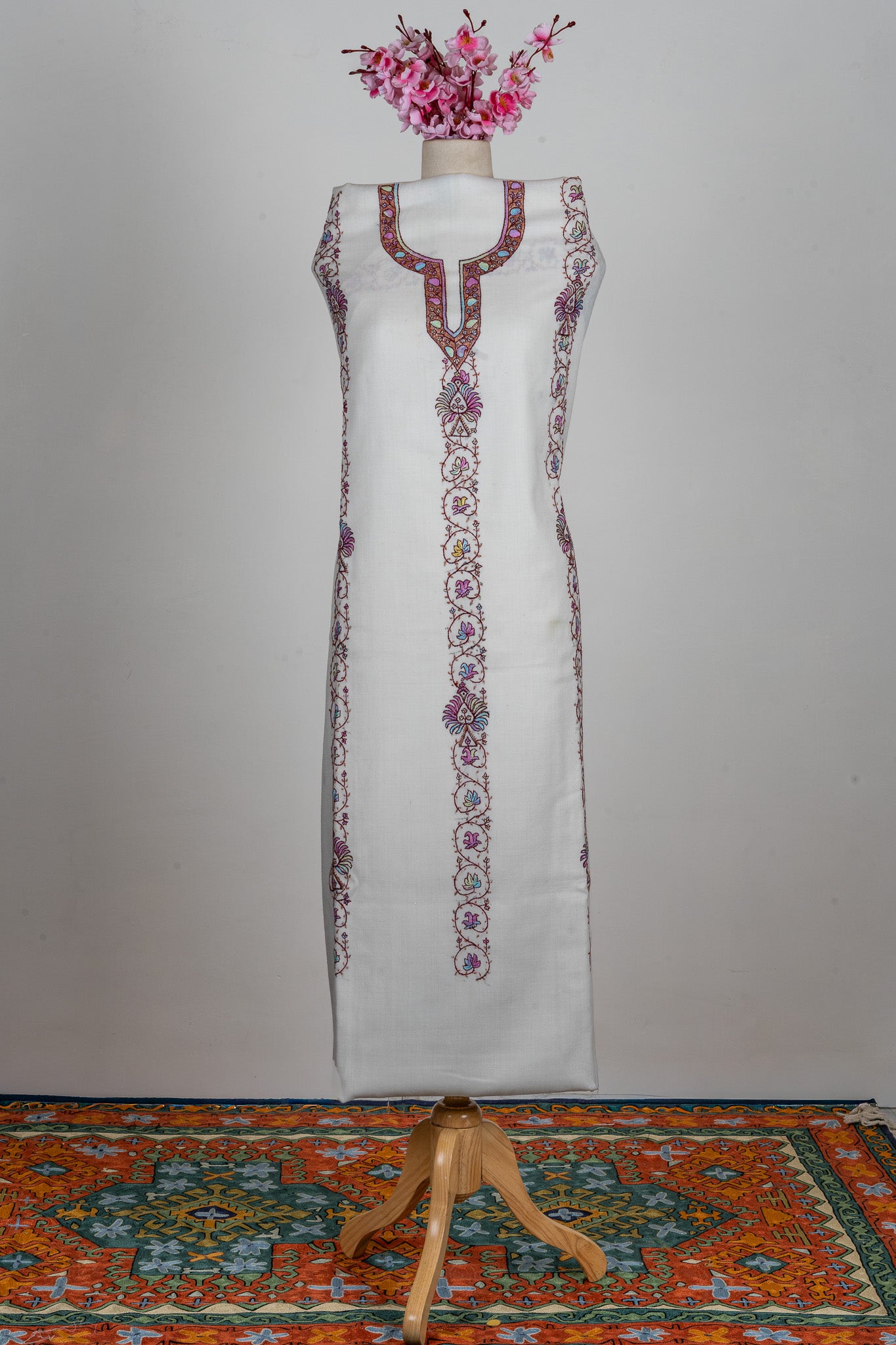 Snow Blossom Sozni Hand Embroidered Suit