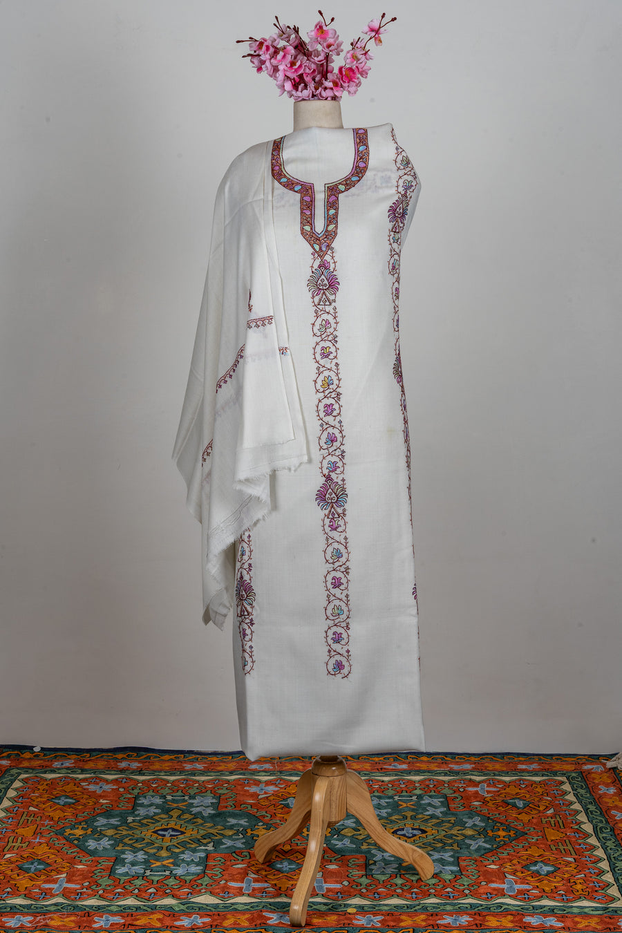 Snow Blossom Sozni Hand Embroidered Suit