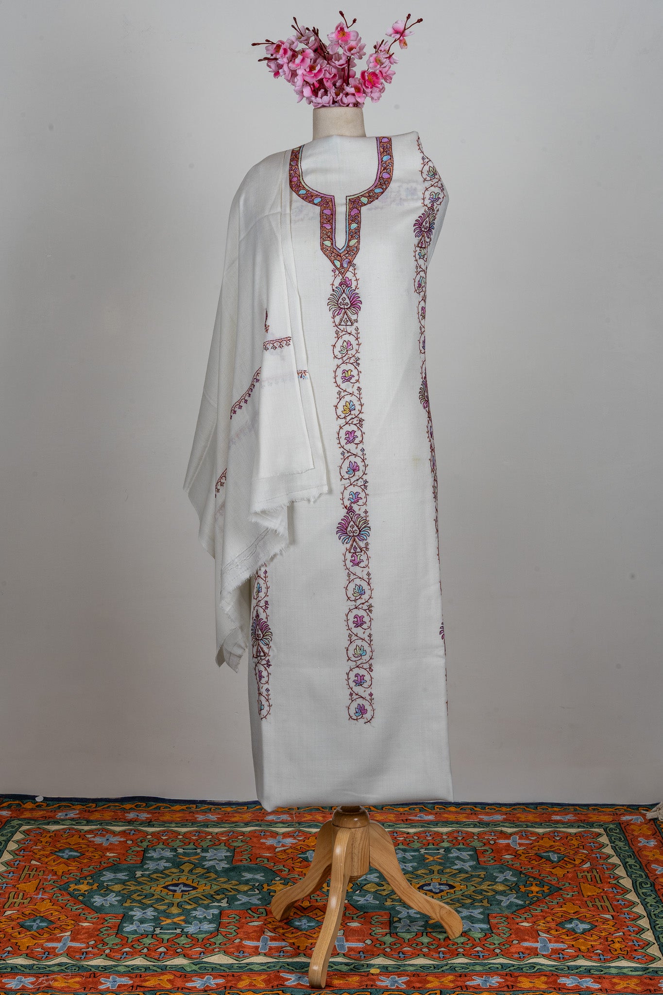 Snow Blossom Sozni Hand Embroidered Suit