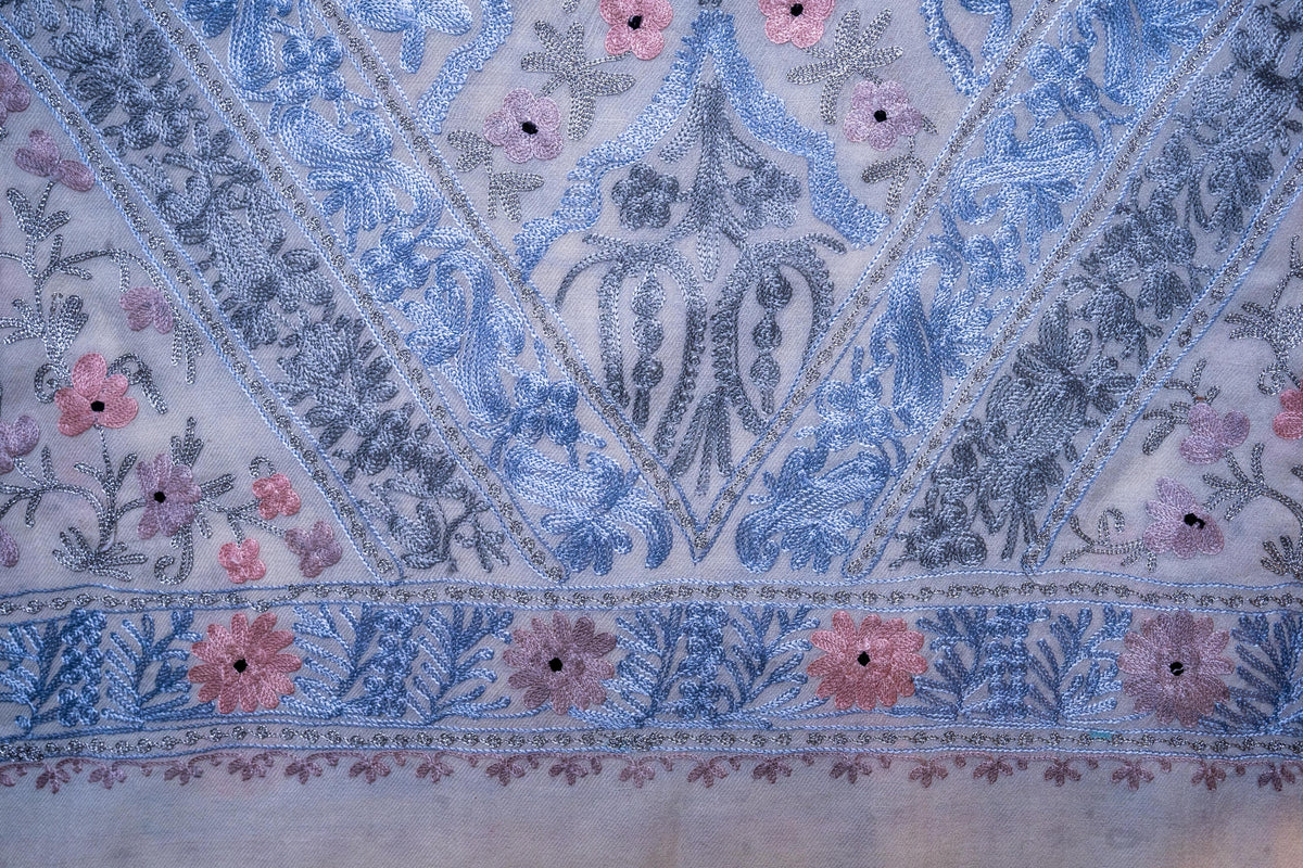 Pastel Bloom Merino Wool Stole with Aari Embroidery