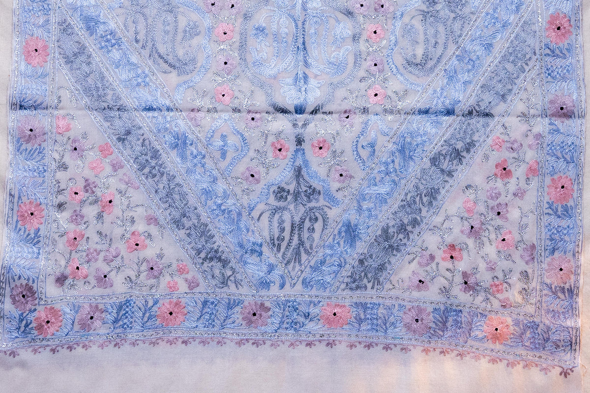 Pastel Bloom Merino Wool Stole with Aari Embroidery