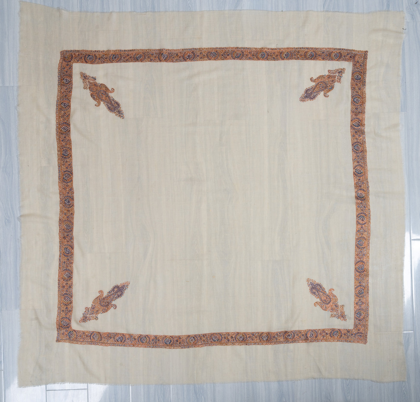 Saffron Mist Rumal — Pure Pashmina Sozni Hand Embroidered