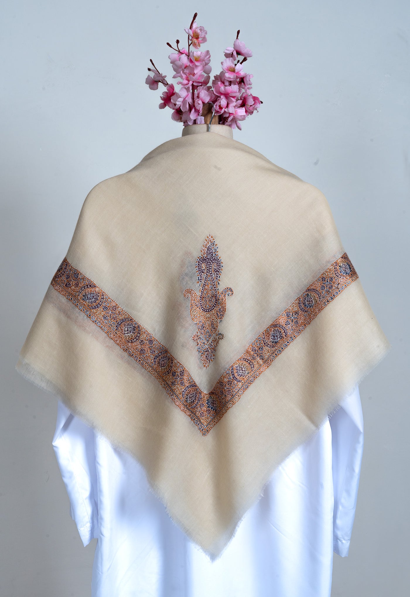 Saffron Mist Rumal — Pure Pashmina Sozni Hand Embroidered