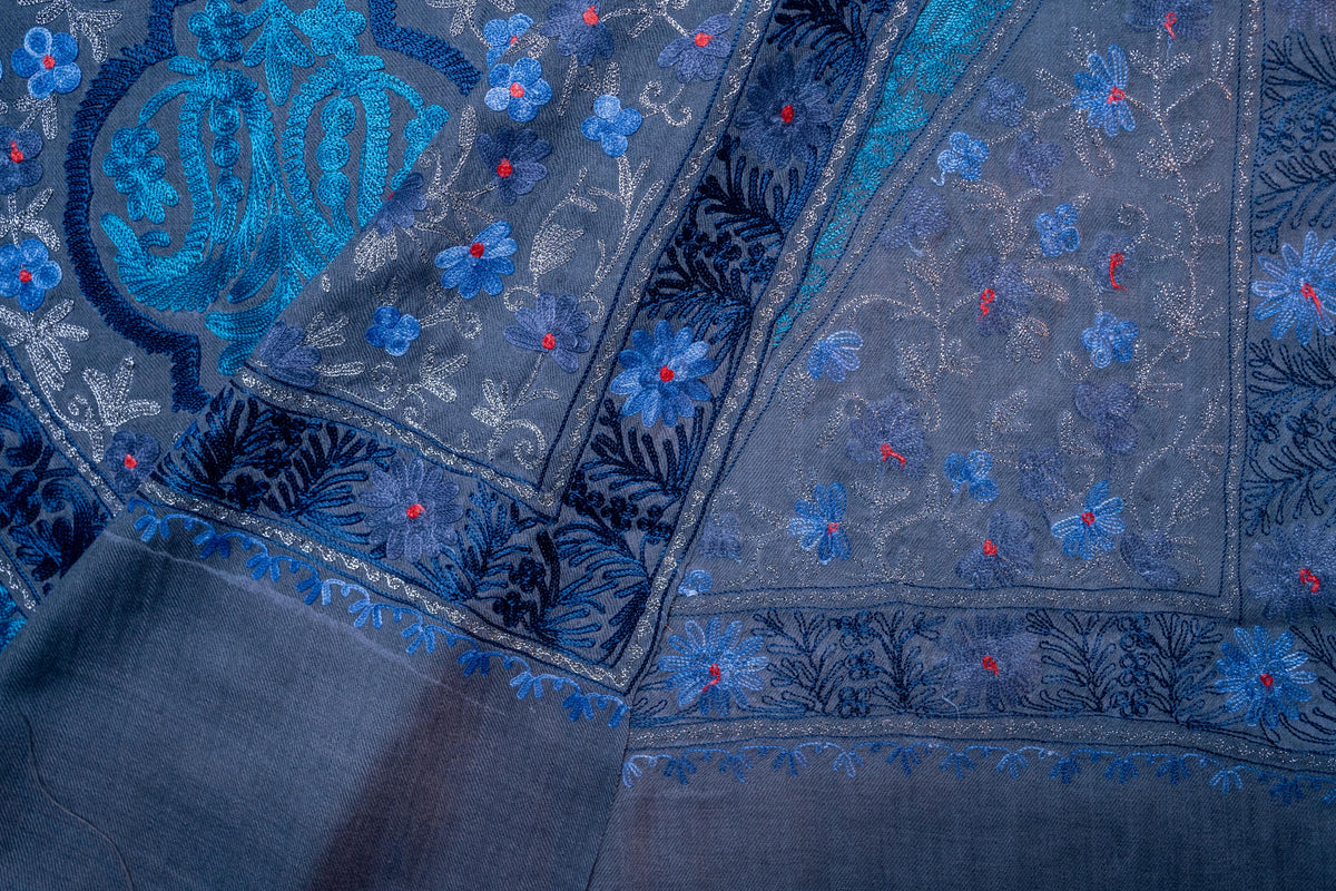 Ocean Dreams Merino Wool Stole with Vibrant Aari Embroidery