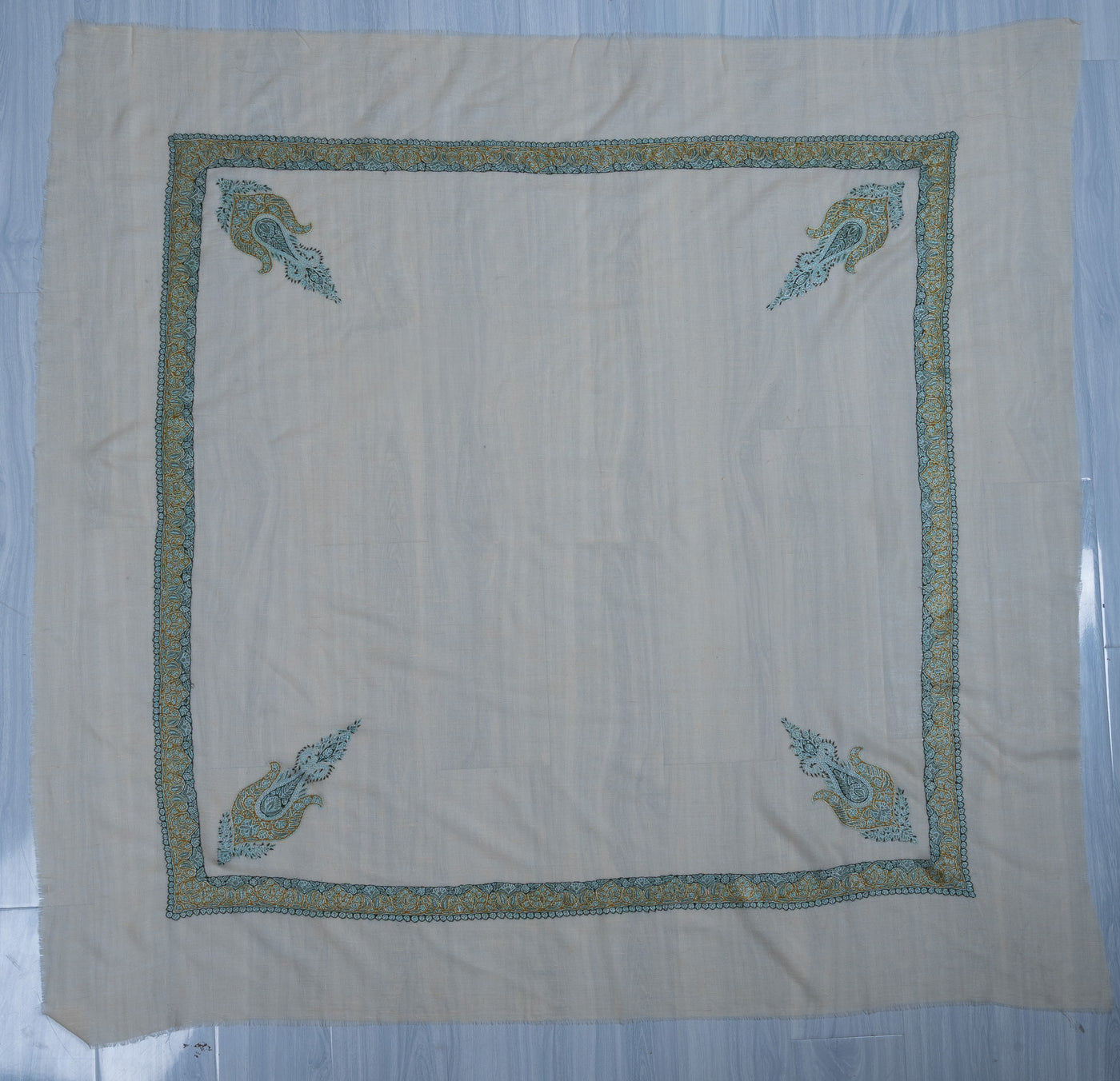 Celeste Gold Rumal — Pure Pashmina Sozni Hand Embroidered