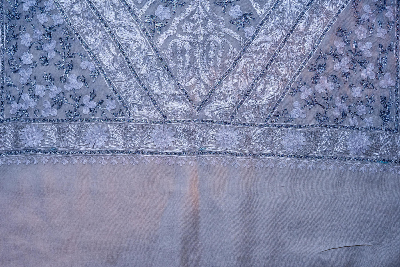 Ivory Frost Merino Wool Scarf with Aari-Embroidered Motifs