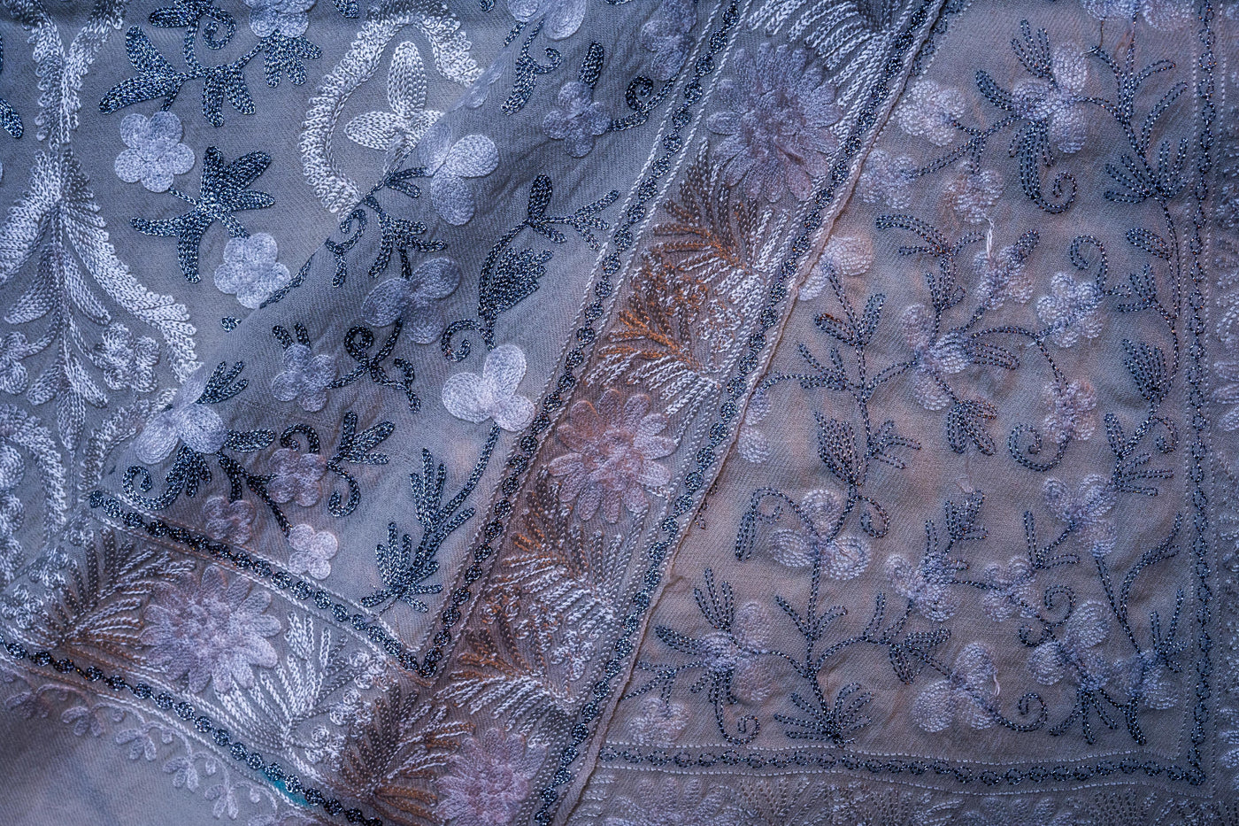 Ivory Frost Merino Wool Scarf with Aari-Embroidered Motifs