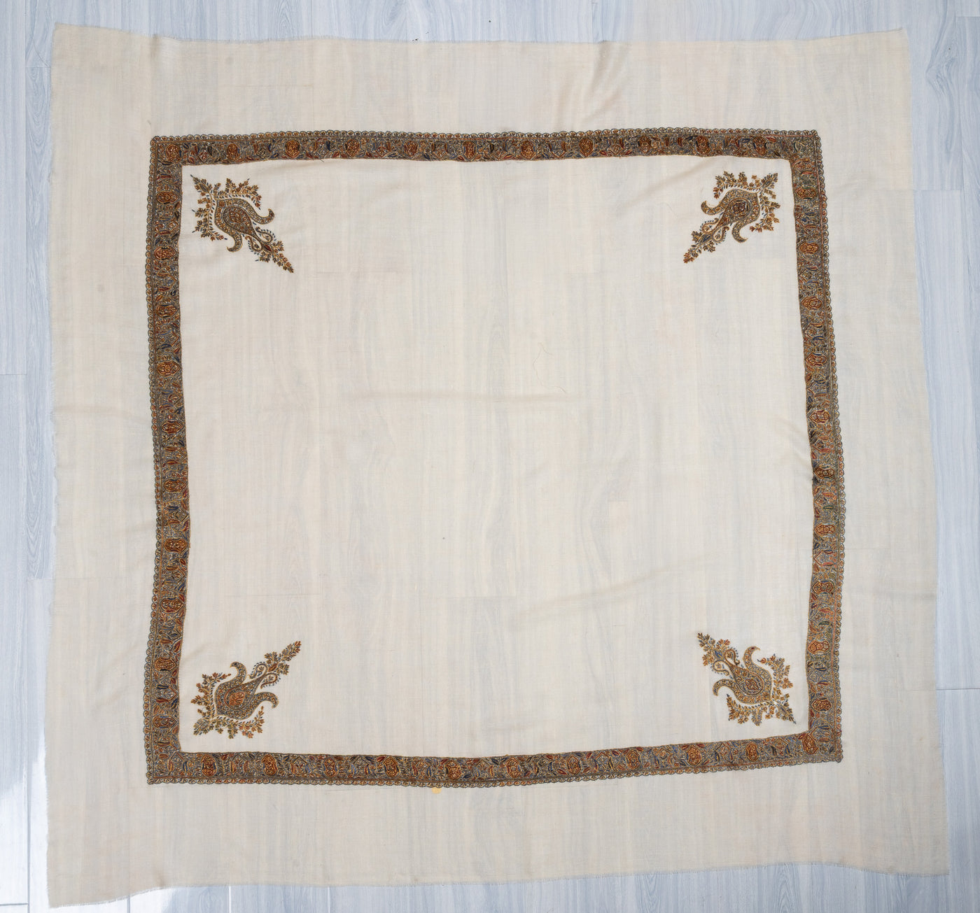 Golden Frost Rumal — Pure Pashmina Sozni Hand Embroidered