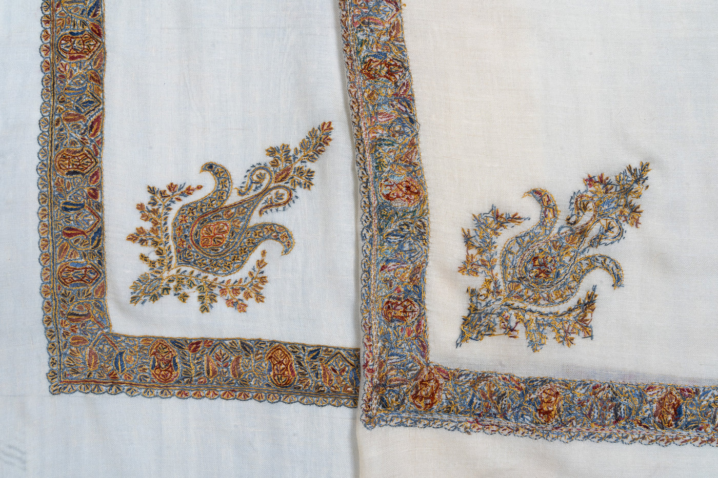 Golden Frost Rumal — Pure Pashmina Sozni Hand Embroidered