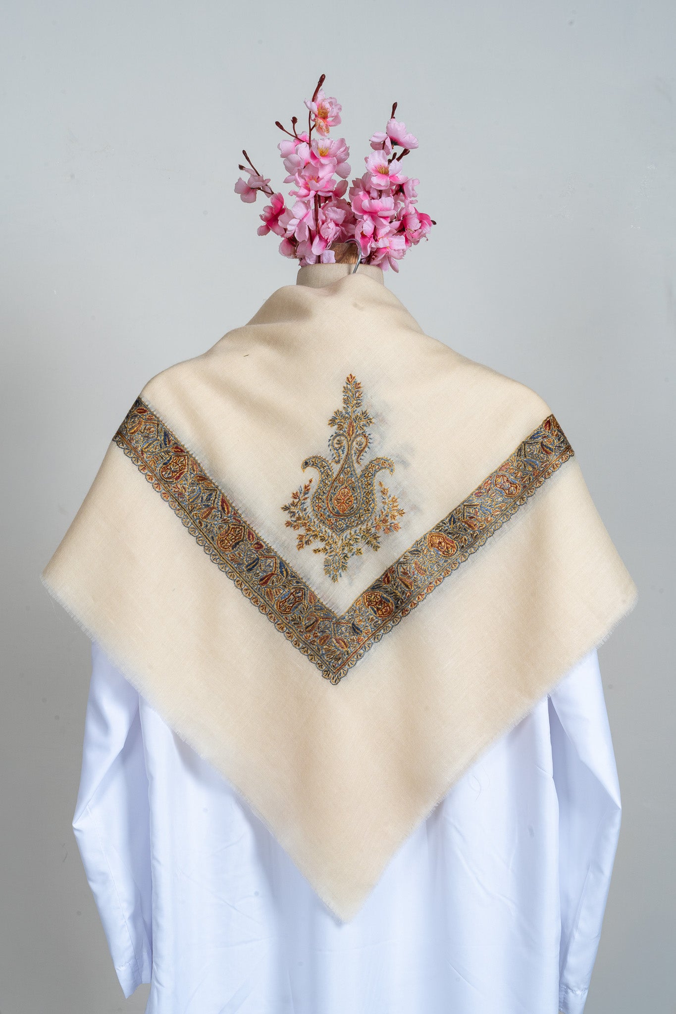 Golden Frost Rumal — Pure Pashmina Sozni Hand Embroidered