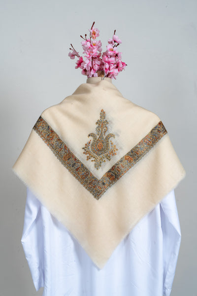 Golden Frost Rumal — Pure Pashmina Sozni Hand Embroidered