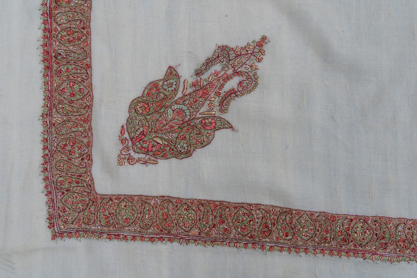 Coral Bloom Rumal — Pure Pashmina Sozni Hand Embroidered