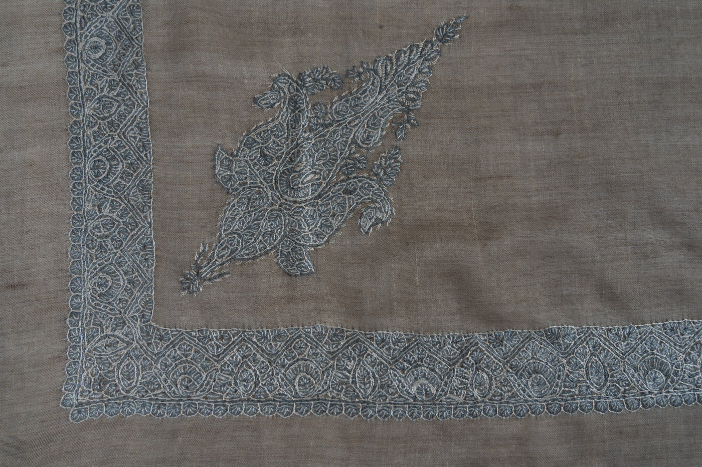 Slate Whisper Rumal — Pure Pashmina Sozni Hand Embroidered