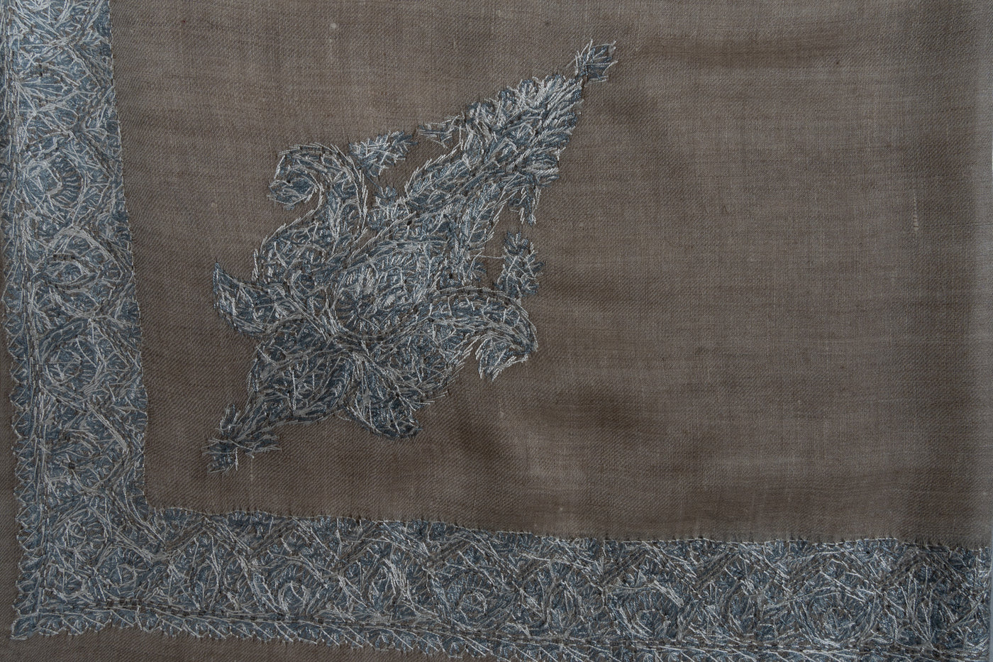 Slate Whisper Rumal — Pure Pashmina Sozni Hand Embroidered