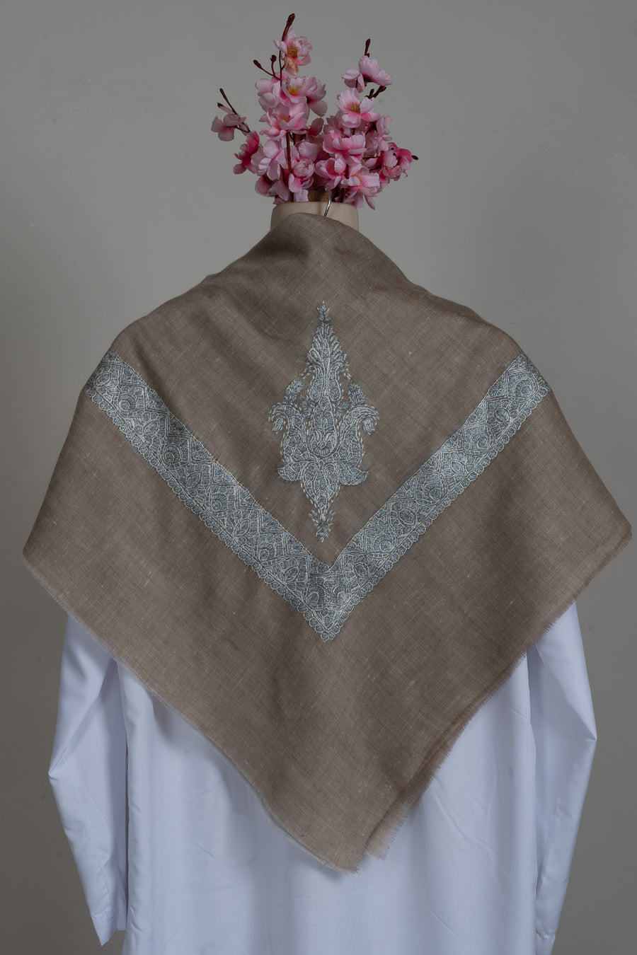Slate Whisper Rumal — Cashmere Sozni Hand Embroidered