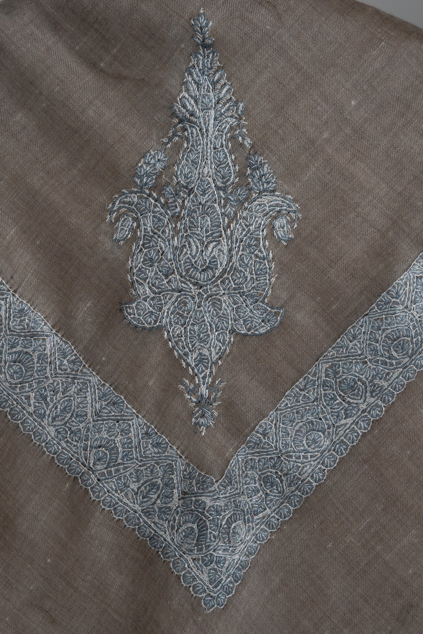 Slate Whisper Rumal — Pure Pashmina Sozni Hand Embroidered