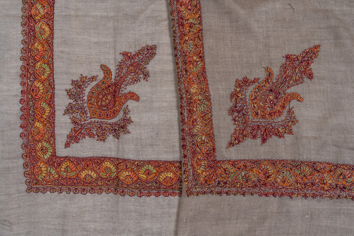 Overlapping corners of a taupe rumal showing saffron and crimson paisleys and floral Sozni borders