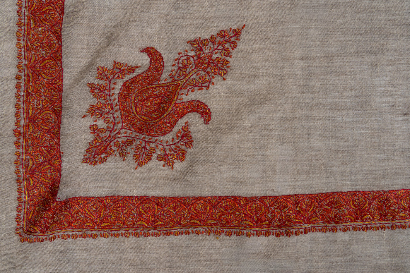 Crimson Earth Rumal — Pure Pashmina Sozni Hand Embroidered