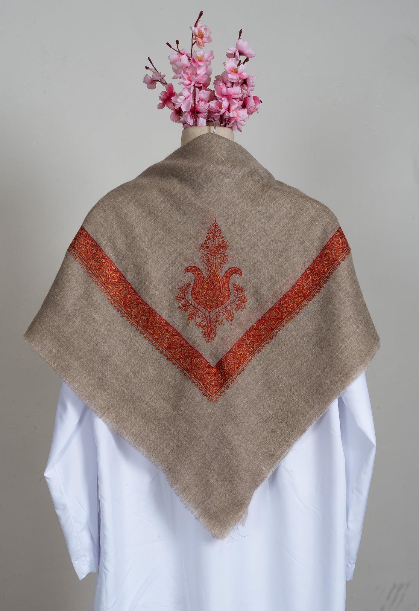 Crimson Earth Rumal — Pure Pashmina Sozni Hand Embroidered