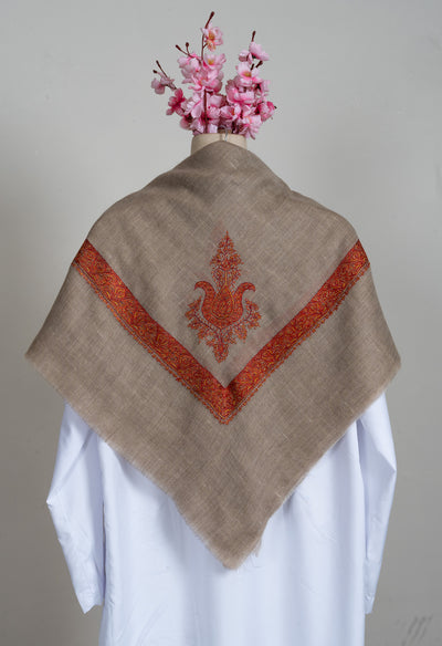 Crimson Earth Rumal — Pure Pashmina Sozni Hand Embroidered