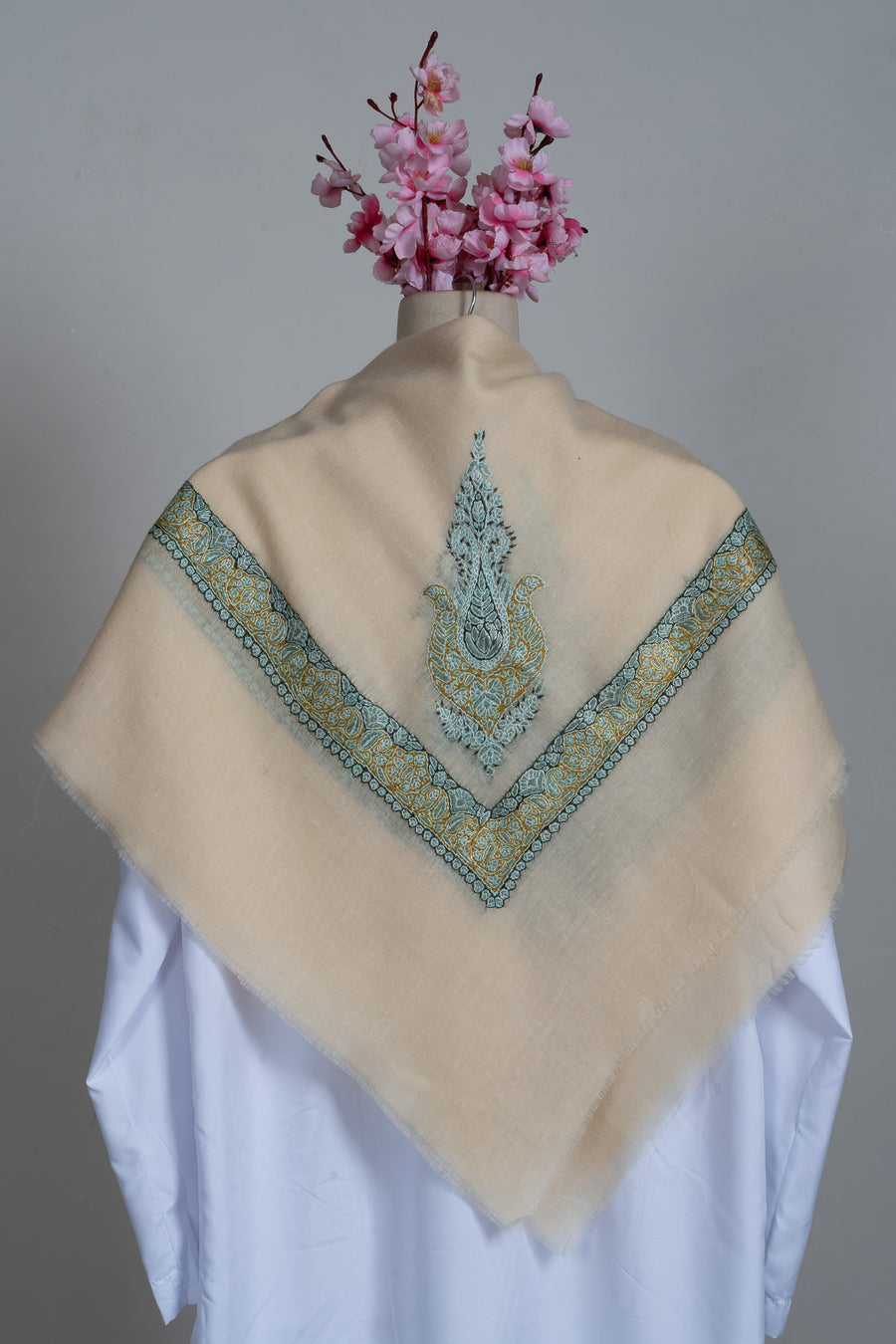 Seafoam Bloom Rumal — Cashmere Sozni Hand Embroidered