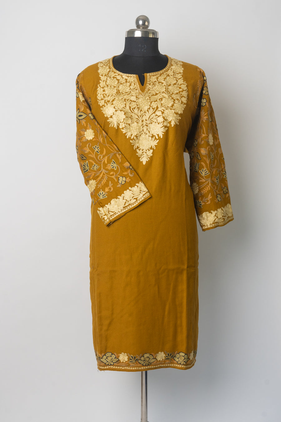 Regal Amber Heavily Embroidered Kashmiri Pheran