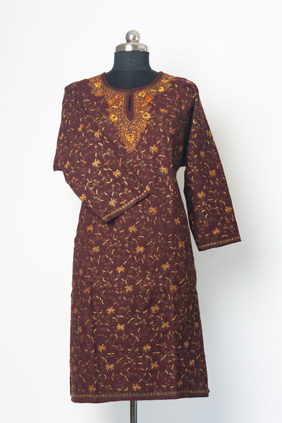 Mahogany Delight Kurti Style Long Dress with Sozni Hand Embroidery