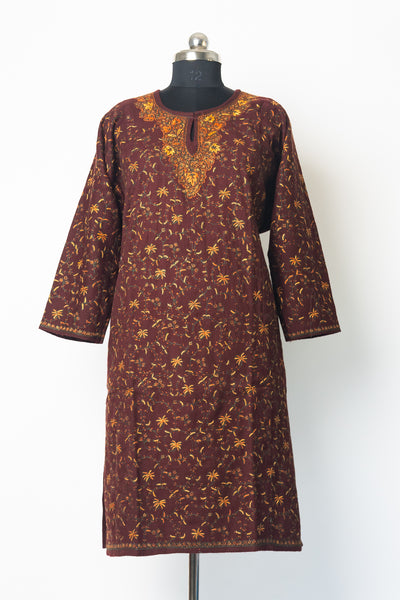 Mahogany Delight Kurti Style Long Dress with Sozni Hand Embroidery