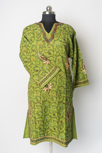 Verdant Elegance Kurti Style Long Dress with Sozni Hand Embroidery