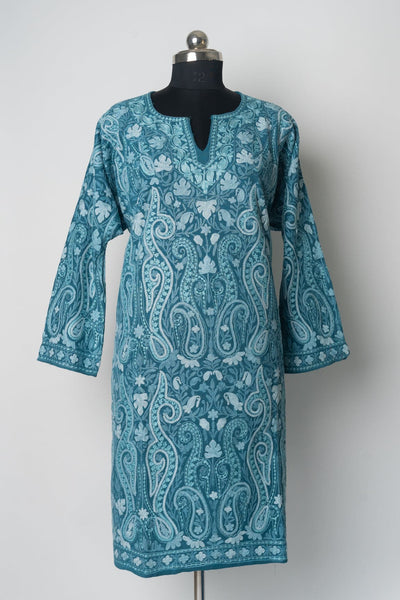 Oceanic Serenity Kurti Style Long Dress with Aari Embroidery