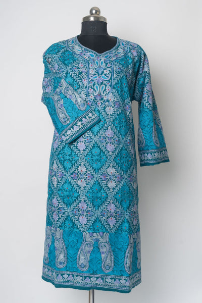 Azure Elegance Kurti Style Long Dress with Aari & Zari Embroidery