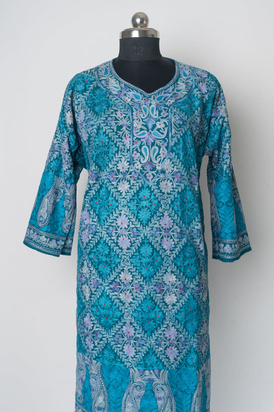 Azure Elegance Kurti Style Long Dress with Aari & Zari Embroidery