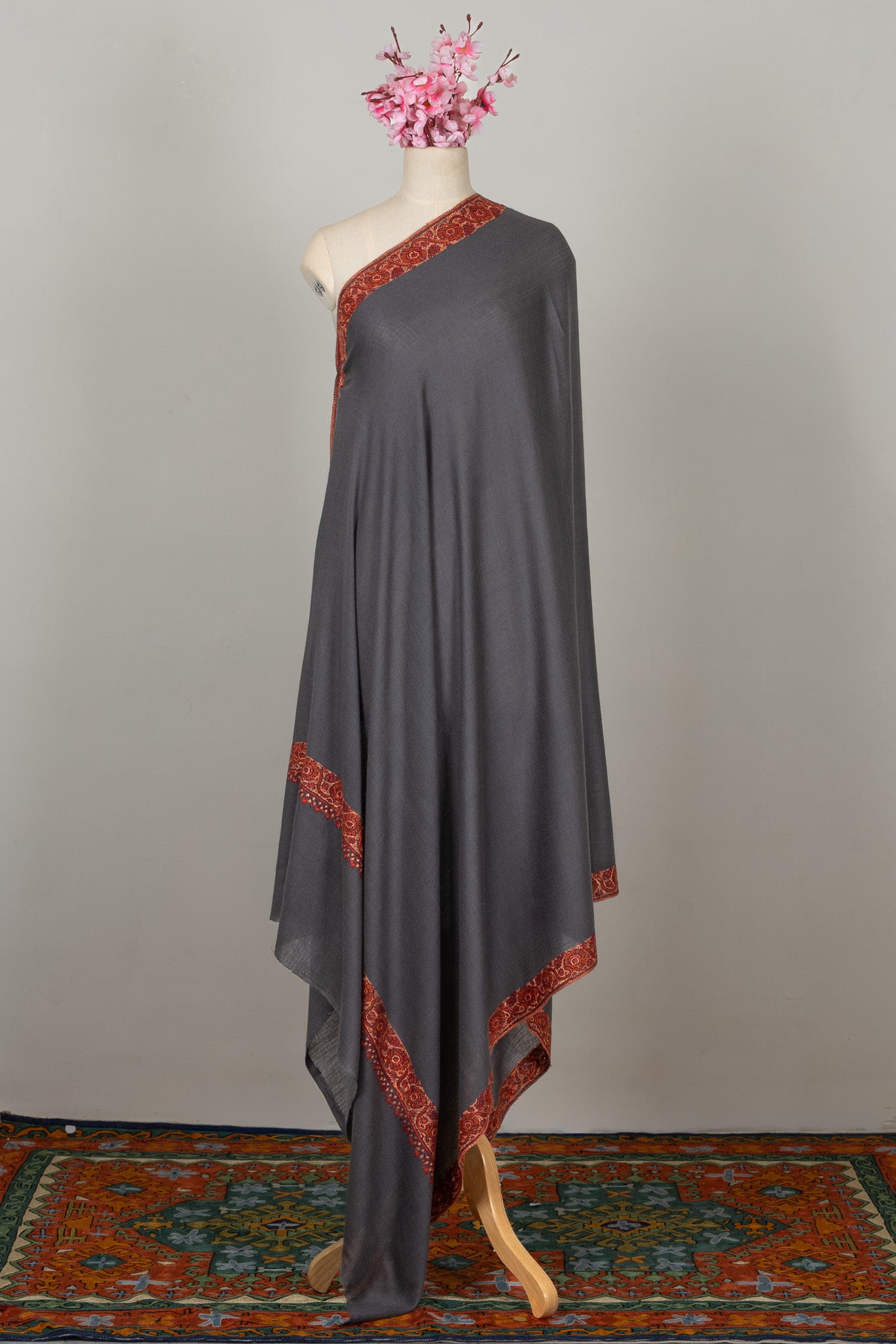 Charcoal Grace — 2.5 Yards Sozni Hand-Embroidered Shawl