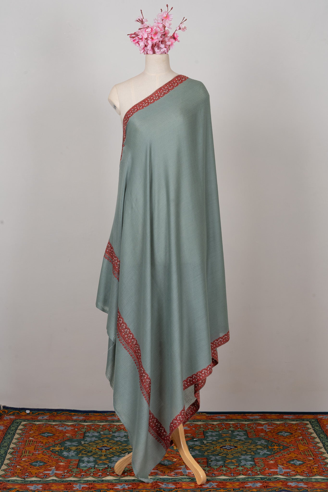 Misty Sage — 2.5 Yards Sozni Hand-Embroidered Shawl