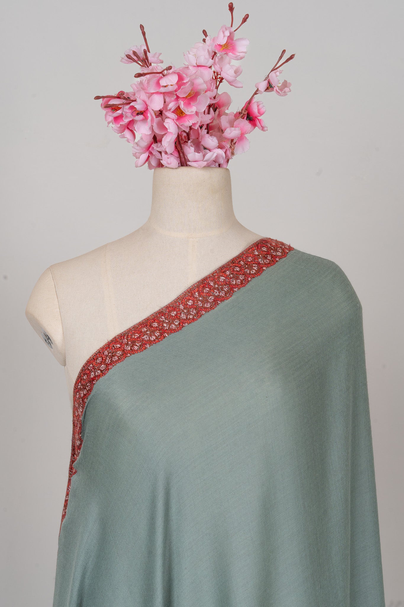 Misty Sage — 2.5 Yards Sozni Hand-Embroidered Shawl