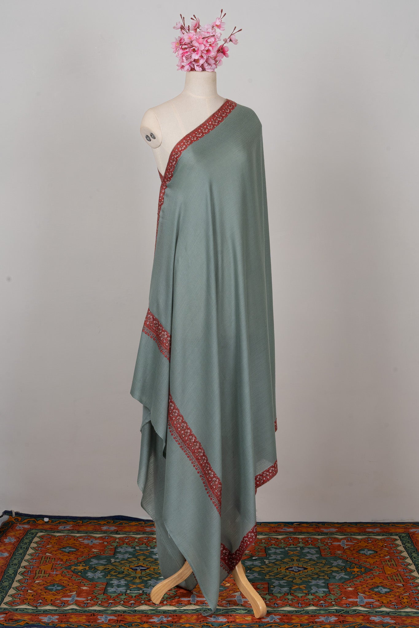 Misty Sage — 2.5 Yards Sozni Hand-Embroidered Shawl