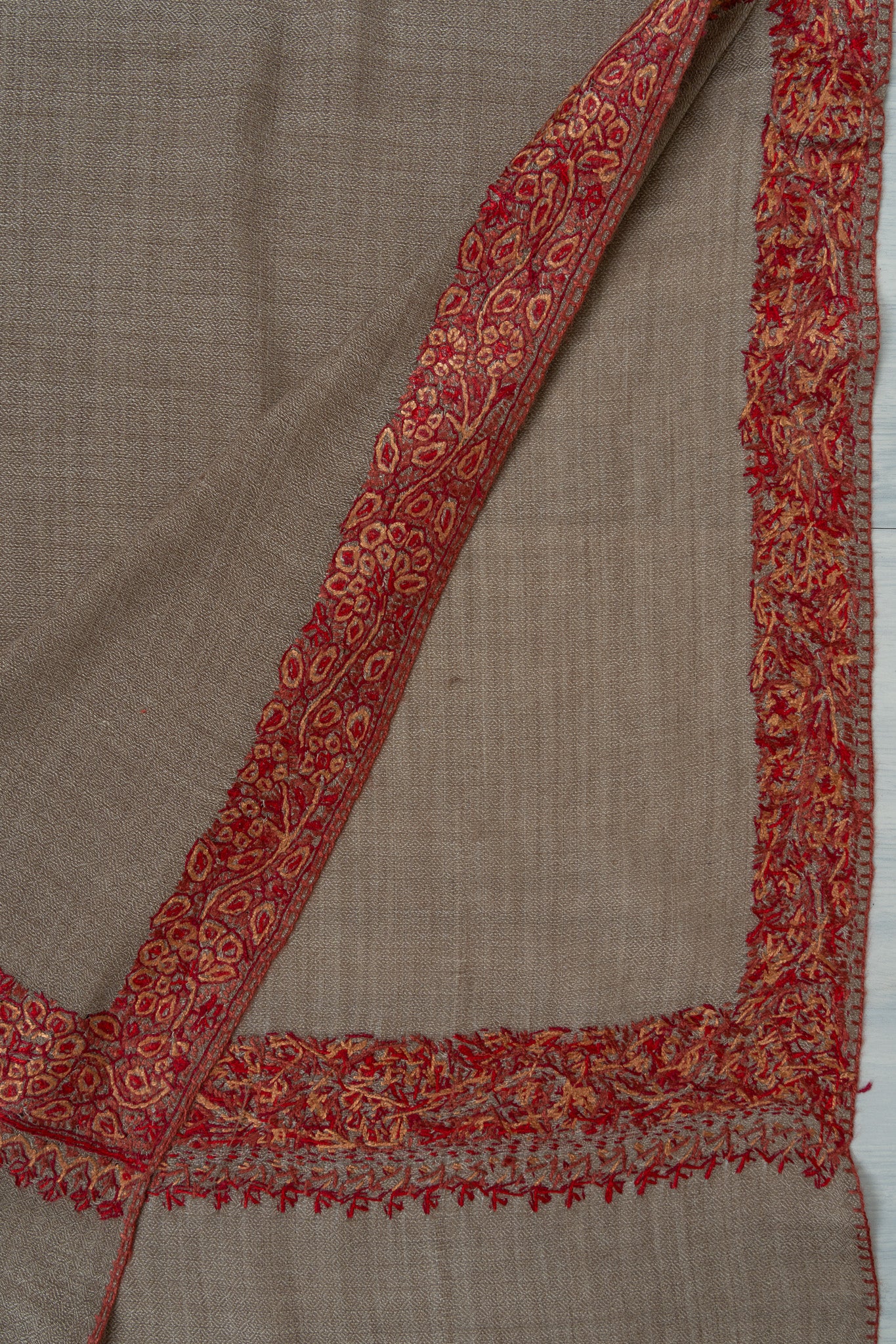 Taupe Bloom — 2.5 Yards Sozni Hand-Embroidered Shawl