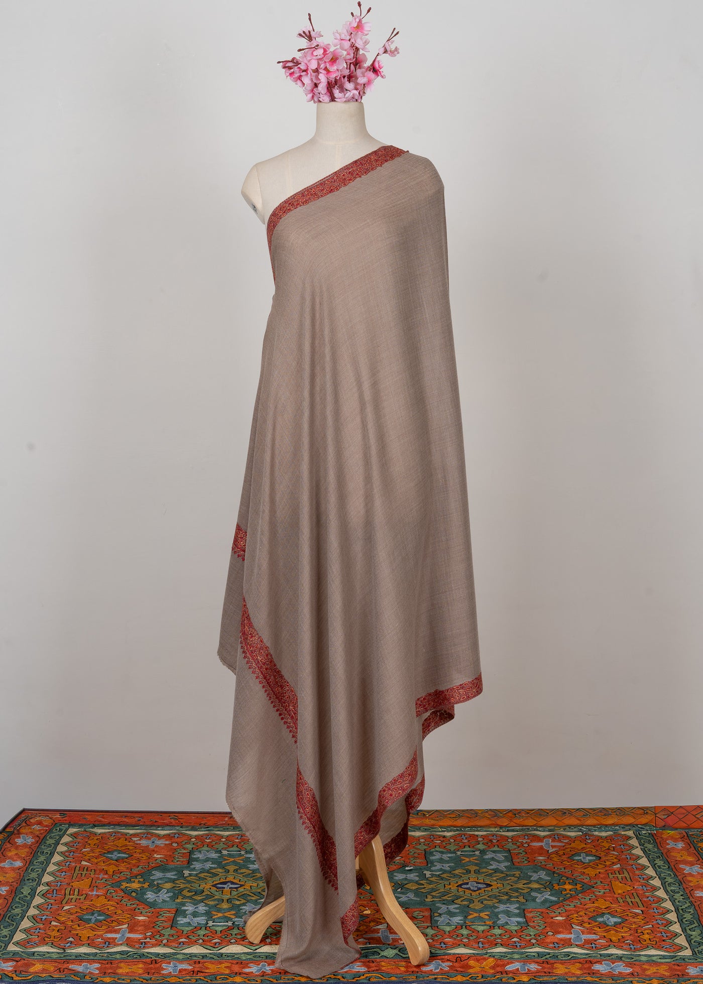 Taupe Bloom — 2.5 Yards Sozni Hand-Embroidered Shawl